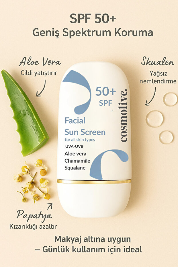 Cosmolive Güneş Kremi | %100 Doğal | Mineralli | Yüz | Spf 50 | Yağlı - Kuru - Karma Ciltler | Su Bazlı