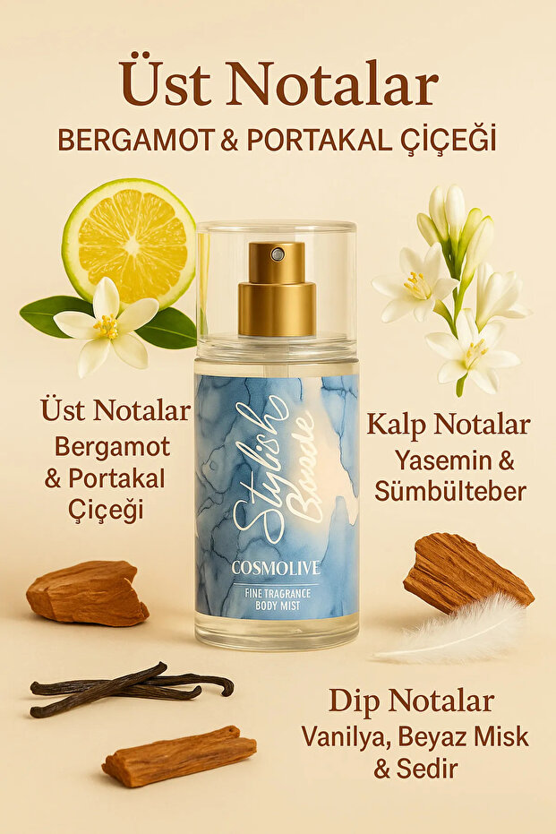 Cosmolive Vücut Spreyi Body Mist | My Way | Stilish Blonde | Seyahat Boy | Kadın | Işıltılı | Nemlendirici