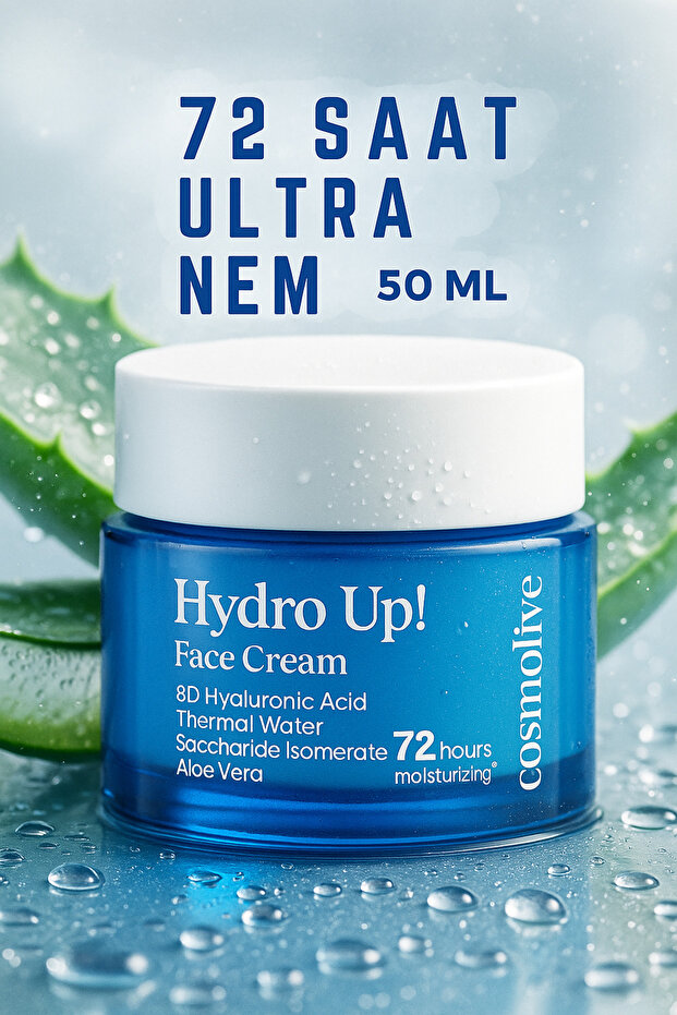 Cosmolive Yüz Kremi | 72 Saat Etkili Nemlendirici | 8d Hyaluronik Asit | Aloe Vera | Tüm Cilt Tipleri Su Bazlı